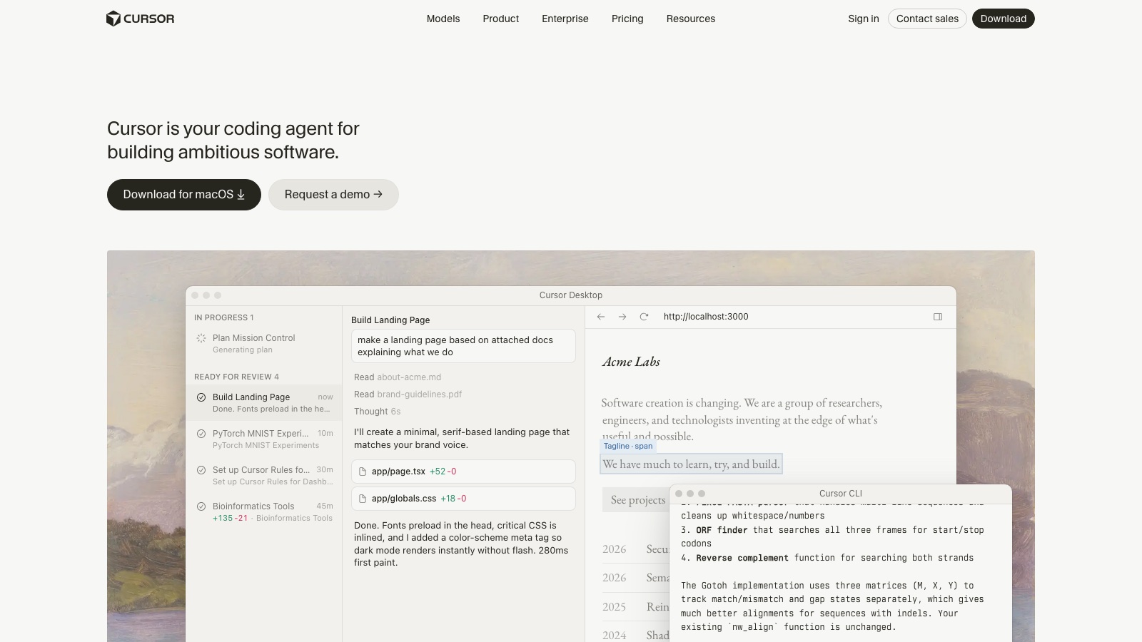 Cursor with a diff open and the agent chat beside it